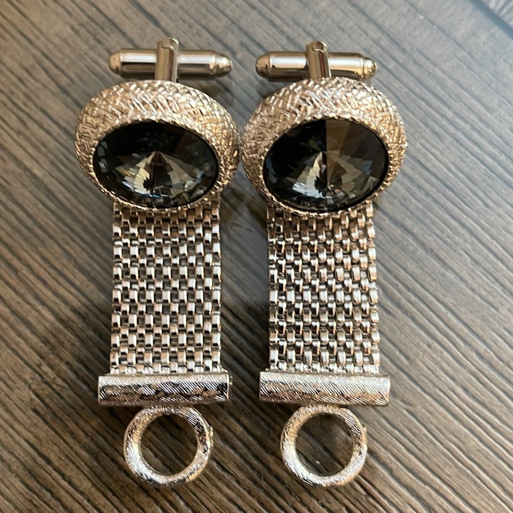 Vintage Silver-tone DANTE Bold Frame Blue Rivoli Glass Stone Mesh Wrap Cufflinks - Picture 15 of 16